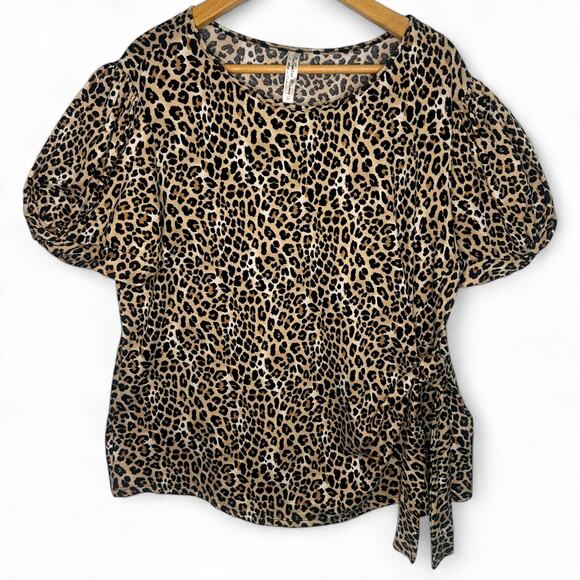 PerCeption Women's Puff Sleeve Top Blouse 2X Black Brown Chetah Animal Print - Picture 8 of 8